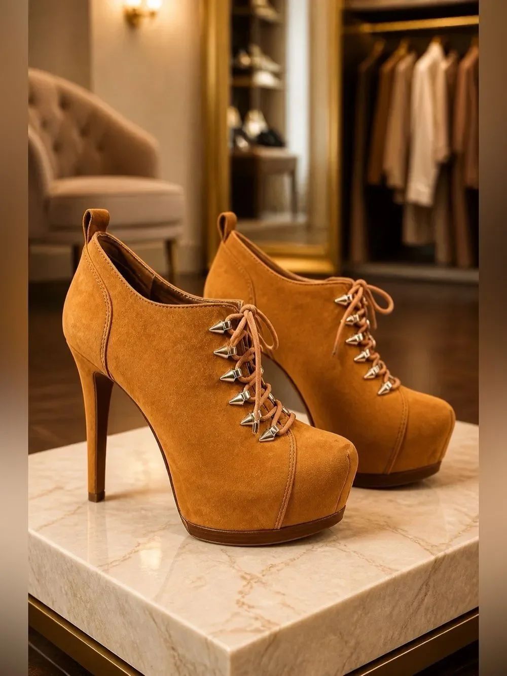TAN SUEDE TIE UP ANKLE BOOTIES 5.5” HEEL SIZE 8.5